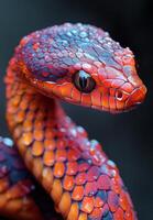 Colorful snake showcased with intricate scales and bright hues in a close-up shot photo