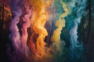 Colorful swirls of smoke rising from a forest at twilight with vibrant hues and mystical atmosphere photo