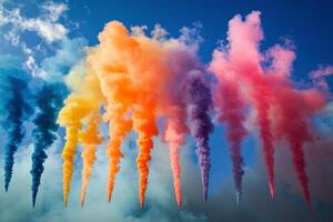 Colorful swirls of smoke rising from a forest at twilight with vibrant hues and mystical atmosphere photo