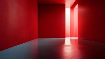 Red room with a white wall and a blue floor. The room is empty and has a very minimalistic feel to it photo