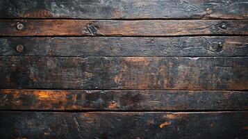 The image is of a wooden surface with a dark brown color. The surface is covered with scratches and has a worn-out appearance. The wood grain is visible, and the surface has a rough texture photo