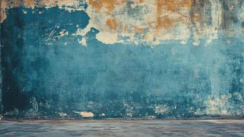 Blue wall with a few cracks and a few spots of paint. The wall is empty and has a somewhat rough texture photo