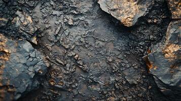 Close up of a rock wall with a lot of texture and a dark brown color. The image has a moody and mysterious feel to it photo