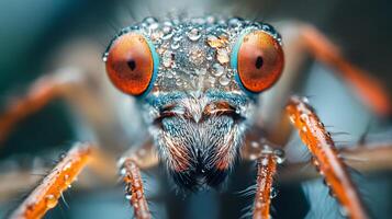 Spider with red eyes and a blue face. The spider is wet and has droplets of water on its face photo