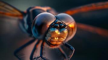 Close up of a dragonfly's face with a bright orange glow. Concept of wonder and fascination with the insect's unique features photo