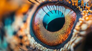 Close up of a bird's eye with a blurry background. The eye is surrounded by a fuzzy, fuzzy texture, giving it a dreamy, ethereal quality photo