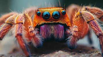Spider with a bright orange and blue face is shown up close. The spider's face is the main focus of the image, and it is quite large and colorful. The spider's eyes are also prominent photo