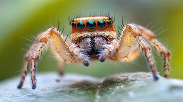 Spider is shown up close and personal, with its eyes and mouth visible. The spider is brown and white, and has a green and blue pattern on its face. Concept of curiosity and wonder photo