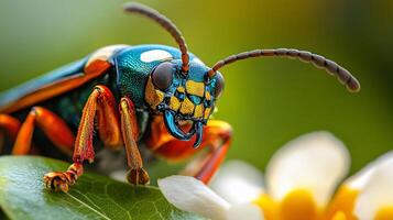 Colorful bug with a blue and yellow head is on a leaf. The bug is surrounded by a green background photo
