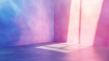 Room with pink and blue walls and a window. The room is empty and has a light shining through the window photo