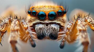 Close up of a spider's face with its mouth open. The spider is brown and has black eyes photo