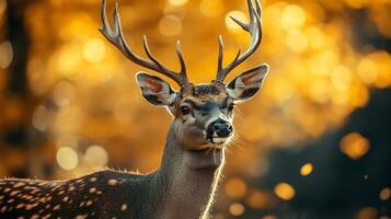 Deer with antlers is standing in a field of yellow leaves. The deer is looking directly at the camera photo