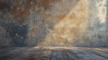 Large wall with a wooden floor and a large empty space. The wall is covered in a textured, weathered look, giving the room a rustic, lived-in feel photo