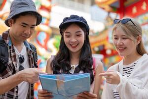 Travel adventures with friends in a colorful market engaging experience vibrant environment joyful exploration photo