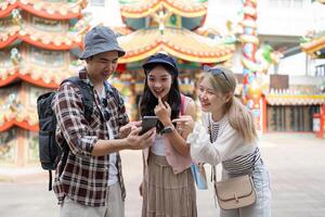 Traveling friends discover hidden gems together vibrant culture urban setting mobile adventure fun and connection photo