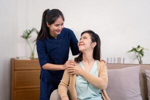 Caring interaction between healthcare worker and patient homely setting candid moment bright environment personal connection photo