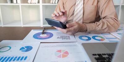 Business analysis report creation office environment digital content professional setting close up view data visualization insights photo