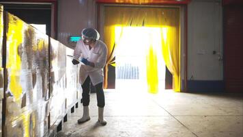 The production supervisor inspects the canned fish boxes that have gone through the packaging process photo