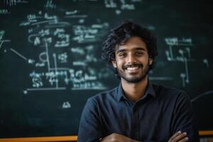 young indian happy genius in front of a board with mathematical equations photo