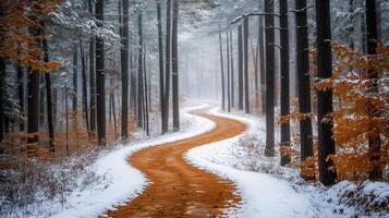 A snow covered path in the woods photo