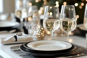 A table with wine glasses and plates photo