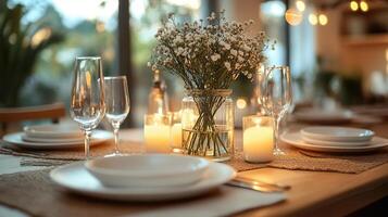 A table setting with candles and plates photo