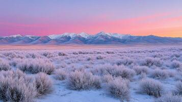 A snowy landscape with mountains in the background photo