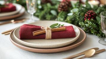 A place setting with red napkins and cinnamon sticks photo