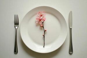 A white plate with a pink flower on it photo