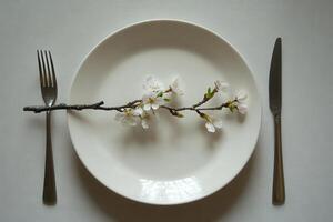 A white plate with a fork and knife on it photo