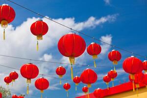 Red Chinese Paper Lanterns against a Blue Sky photo