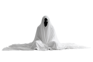 A ghostly figure draped in a white sheet with large black eye holes moves silently png