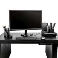 A black desk with a computer monitor, keyboard, mouse and other items png