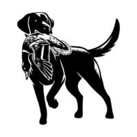 Labrador dog biting a duck that he has hunted hunting logo illustration vector