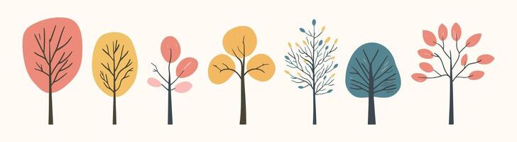 Set of abstract tree and leaf collection hand drawn flat design element. botanical set of bare trees and ones with leaves and lush green vector