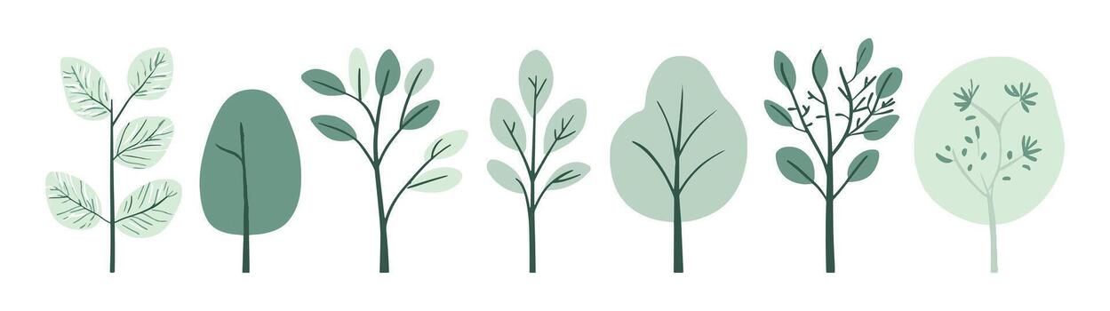 Set of tree and leaf collection hand drawn flat design element. with leaves and lush green vector