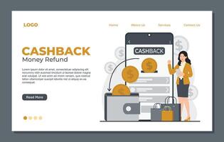 Landing page template designed for cashback promotions, offering savings and exclusive rewards for users vector