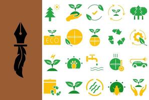 Set of environmental icon illustrations in a modern and user-friendly style, with green and yellow colors. Ideal for web and app design, green nature conservation. etc. vector