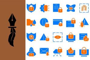 Set of cyber security icon illustrations in blue and light brown colors, ideal for web and app design projects, promotional materials, cyber security, technology infographics, user interface elements. vector