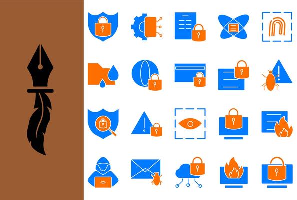 Set of cyber security icon illustrations in blue and light brown colors, ideal for web and app design projects, promotional materials, cyber security, technology infographics, user interface elements.