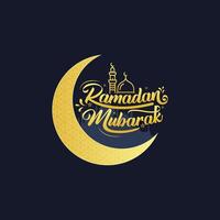 Ramadan Kareem greeting card with typography hand lettered design on a dark background featuring a crescent moon, mosque, and Ramadan Mubarak text. vector