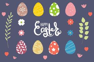 Collection of easter elements on isolated background.Easter eggs, flowers, branches, lettering happy easter. Spring elements set. vector