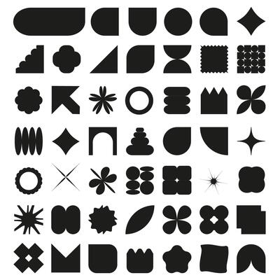 Abstract silhouettes of geometric shapes and icons. Brutal modern design in black. Swiss design aesthetics.