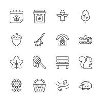 A collection of seasonal icons including a bee, a squirrel, a tree, and a house vector
