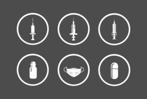 Medicine icon set with mask, injection, capsule, bottle vector