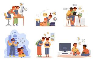 Different children in pairs using gadgets flat illustrations set. Boys and girls of different ethnicities playing with tablets, gamepads, using smartphones, laptops, vr headsets, computer. vector