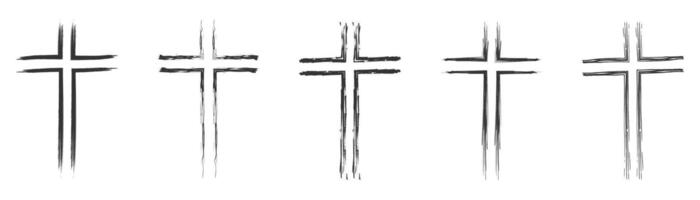 Grunge-style cross icons with a hand-drawn textured appearance. vector