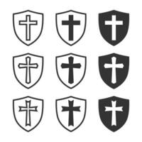 Shield icons featuring crosses, minimalistic and modern set. vector