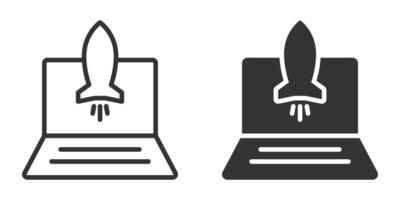 Icon of a rocket launching from a laptop screen, symbolizing startup, technology, or innovation in digital projects. vector