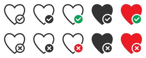 Heart approval and rejection icons for love or social themes in style. vector